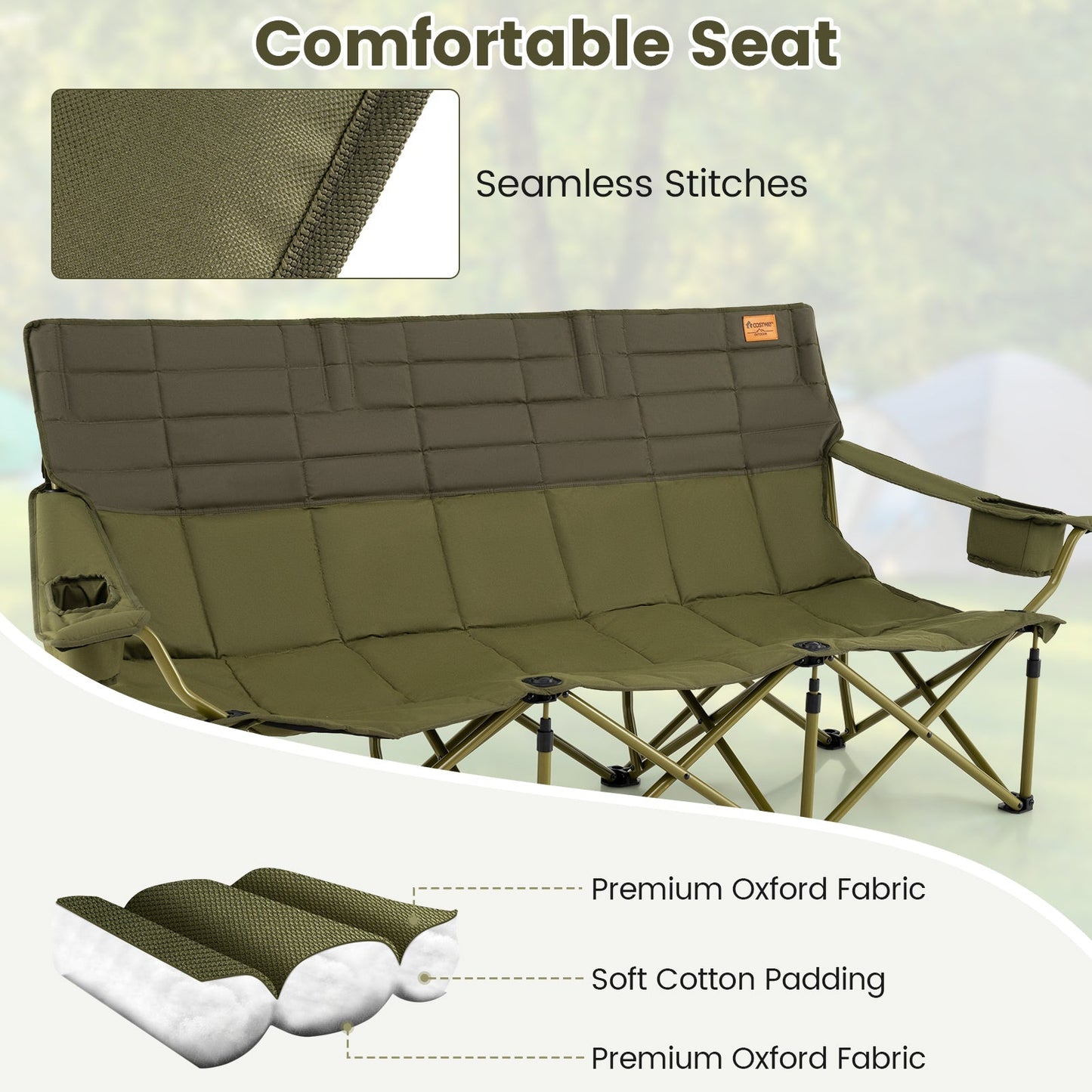 3-Person Folding Camping Chair – 900 lb Capacity, Cotton Padding & Cup Holders