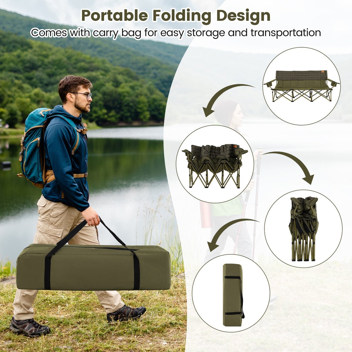3-Person Folding Camping Chair – 900 lb Capacity, Cotton Padding & Cup Holders