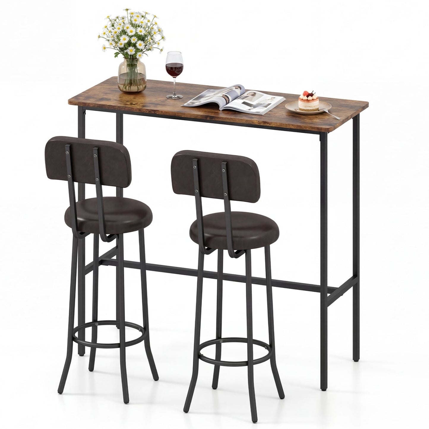 3-Piece Industrial Bar Table Set | 1 Table + 2 Upholstered Stools | Rustic Brown & Black