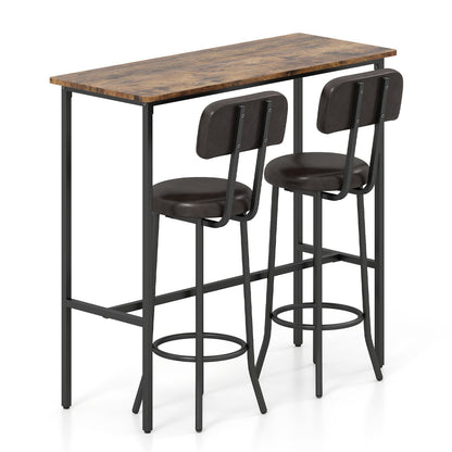 3-Piece Industrial Bar Table Set | 1 Table + 2 Upholstered Stools | Rustic Brown & Black