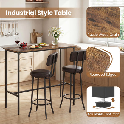 3-Piece Industrial Bar Table Set | 1 Table + 2 Upholstered Stools | Rustic Brown & Black