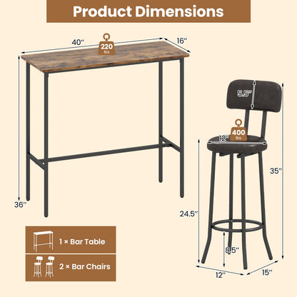 3-Piece Industrial Bar Table Set | 1 Table + 2 Upholstered Stools | Rustic Brown & Black