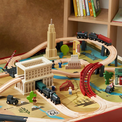 Tiny Land® 1920 Railway Adventure Train Table – 102-Piece Wooden Train Set with Play Table, Sound Effects & Storage | Ages 3+