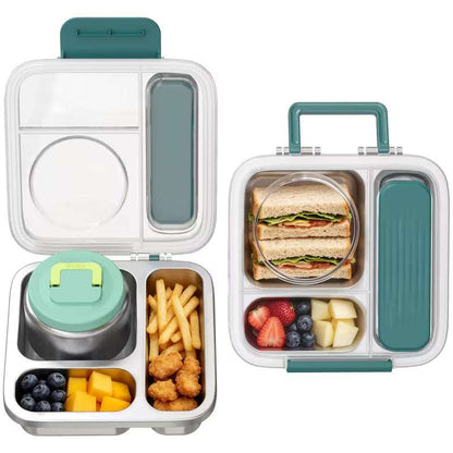 Green stainless steel bento lunch box set with soup cup and sandwich in compartments