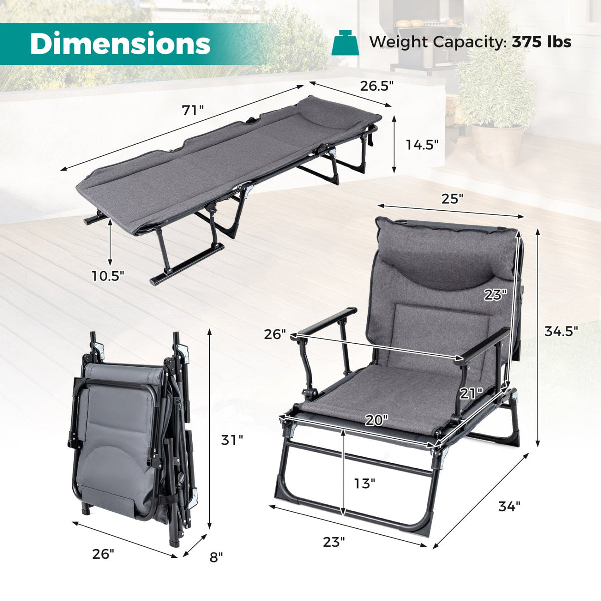 3-in-1 Folding Camping Cot Convertible Sofa Chair with Padded Backrest