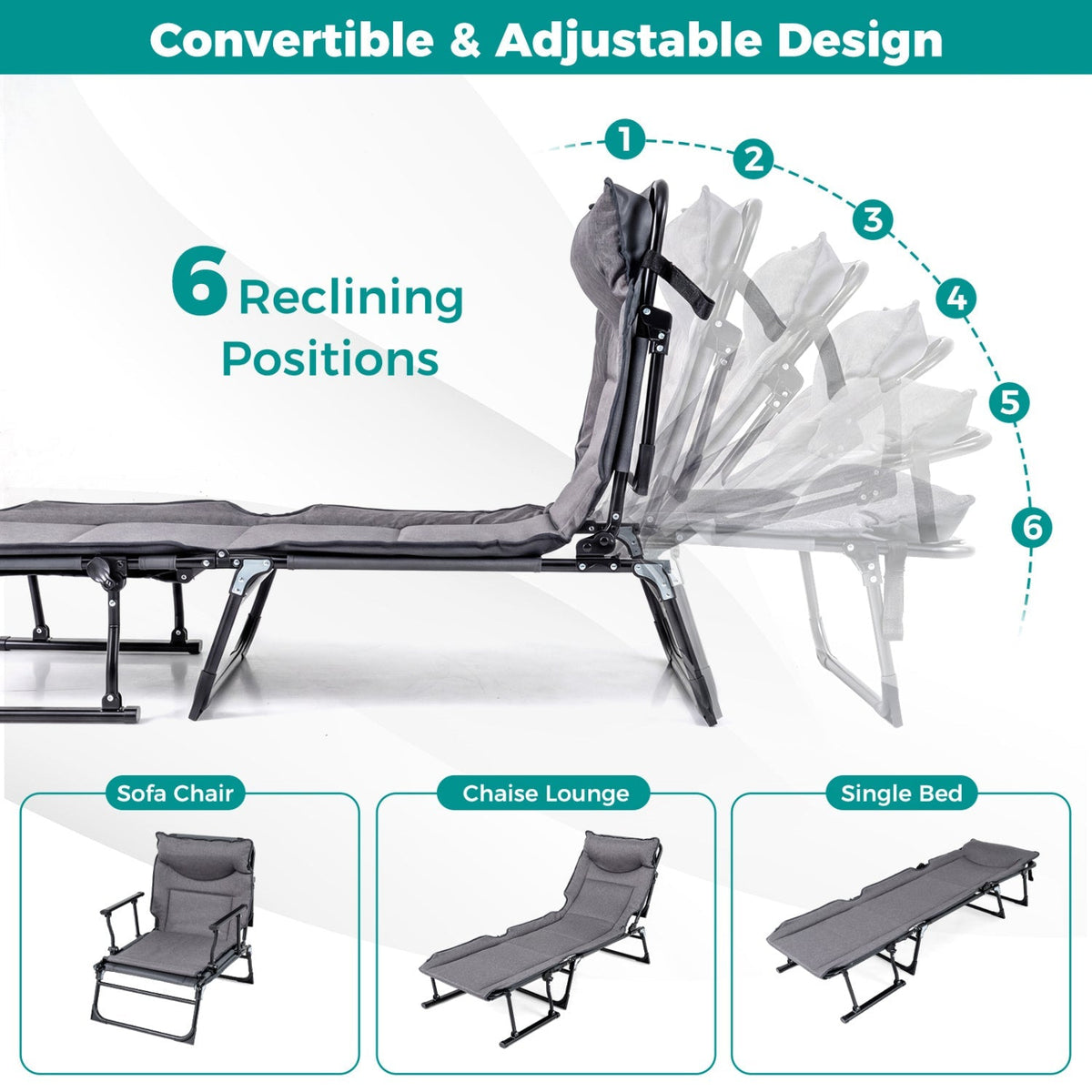 3-in-1 Folding Camping Cot Convertible Sofa Chair with Padded Backrest