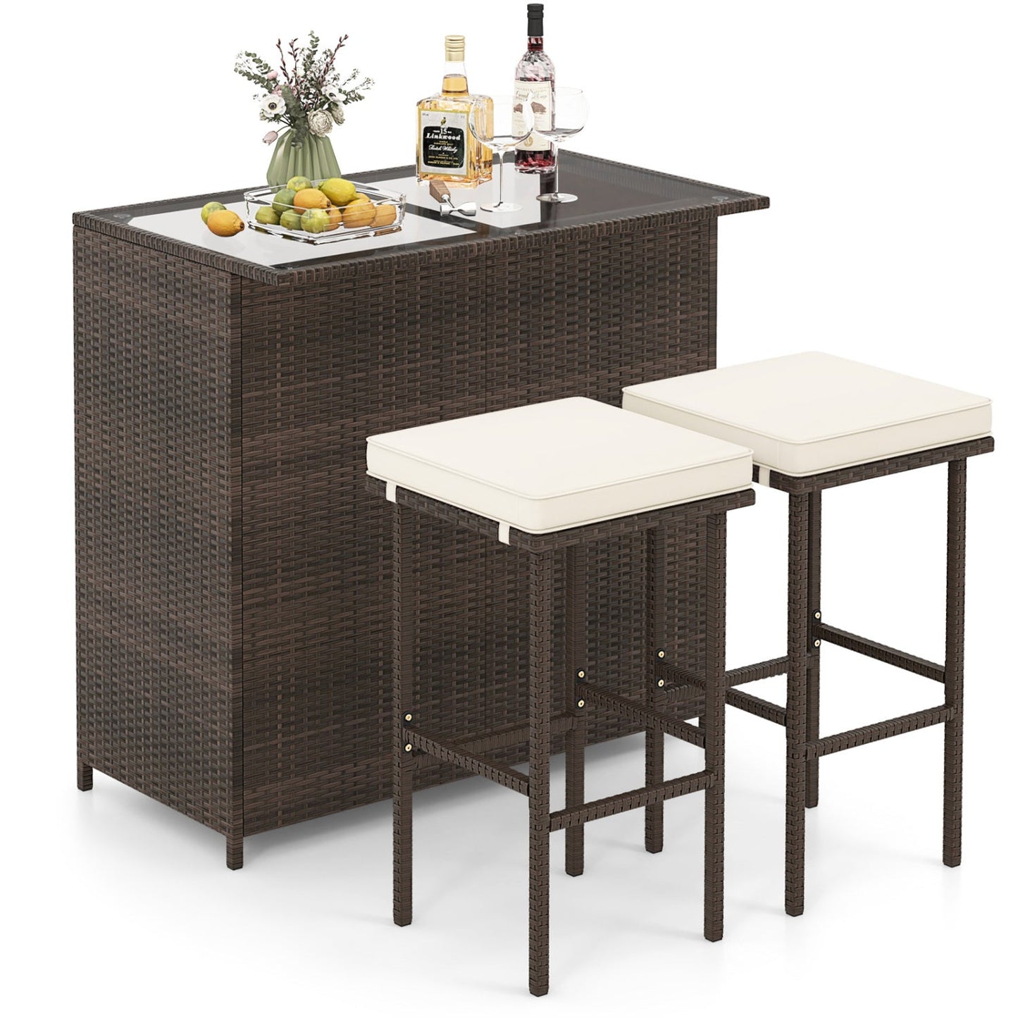 3-Piece Patio Rattan Wicker Bar Table & Stools Dining Set