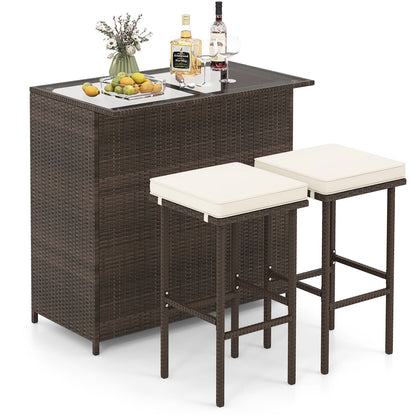 3-Piece Patio Rattan Wicker Bar Table & Stools Dining Set