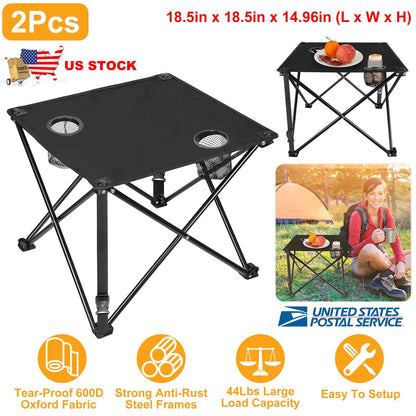 LakeForest Folding Camping Table with 2 Cup Holders – 600D Oxford, 44 lb Capacity | 18.5"x18.5" | 2.2 lbs | 1-Pc & 2-Pc Sets