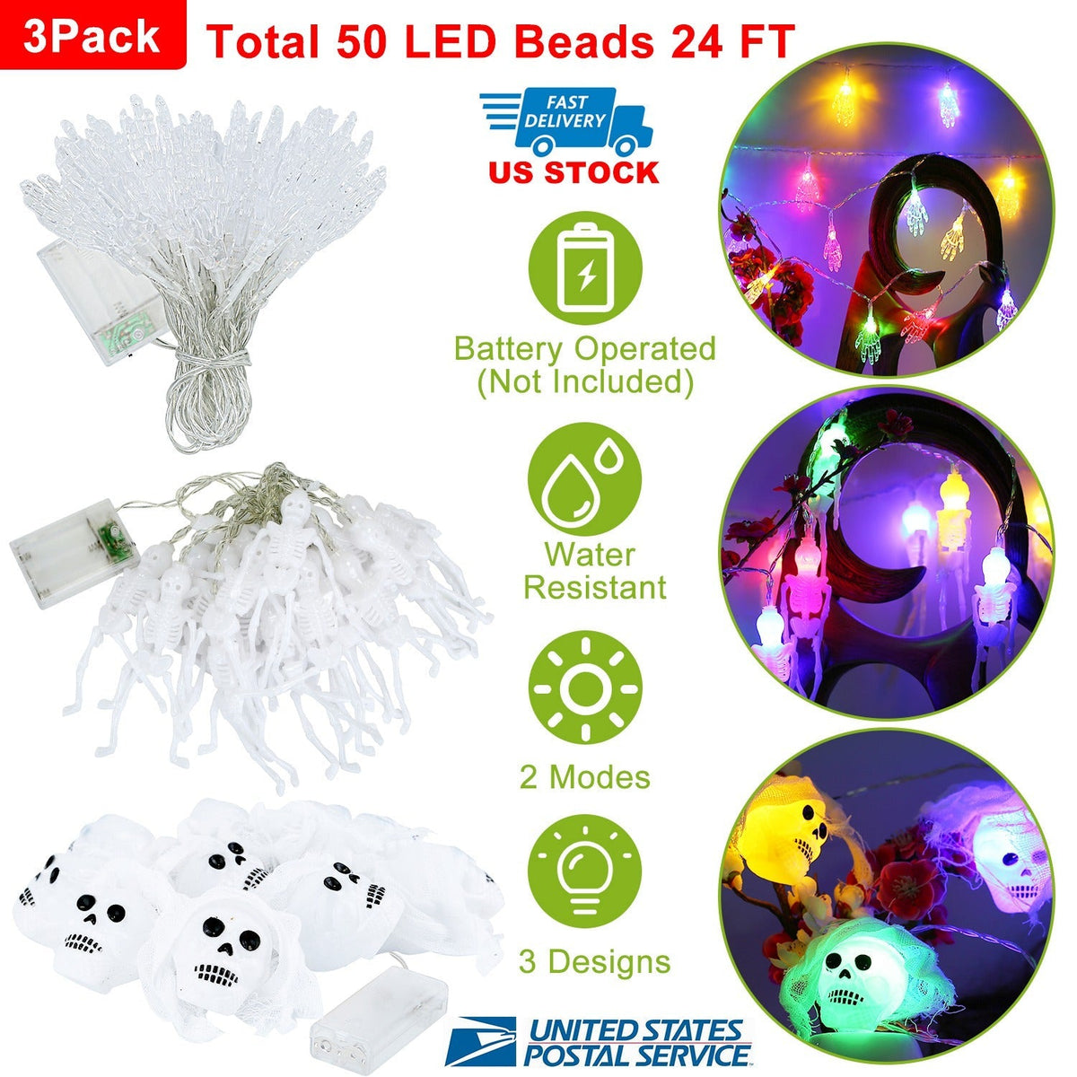 LJG 3-Piece Halloween LED String Lights - 24ft 50 LEDs Colorful