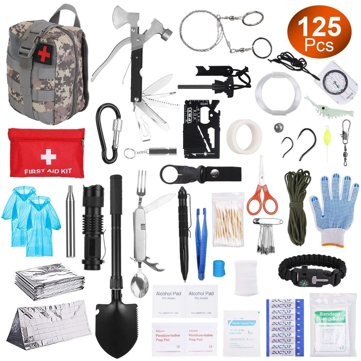 125-piece emergency kit with camouflage first aid backpack, camping tools, fishing gear and medical supplies