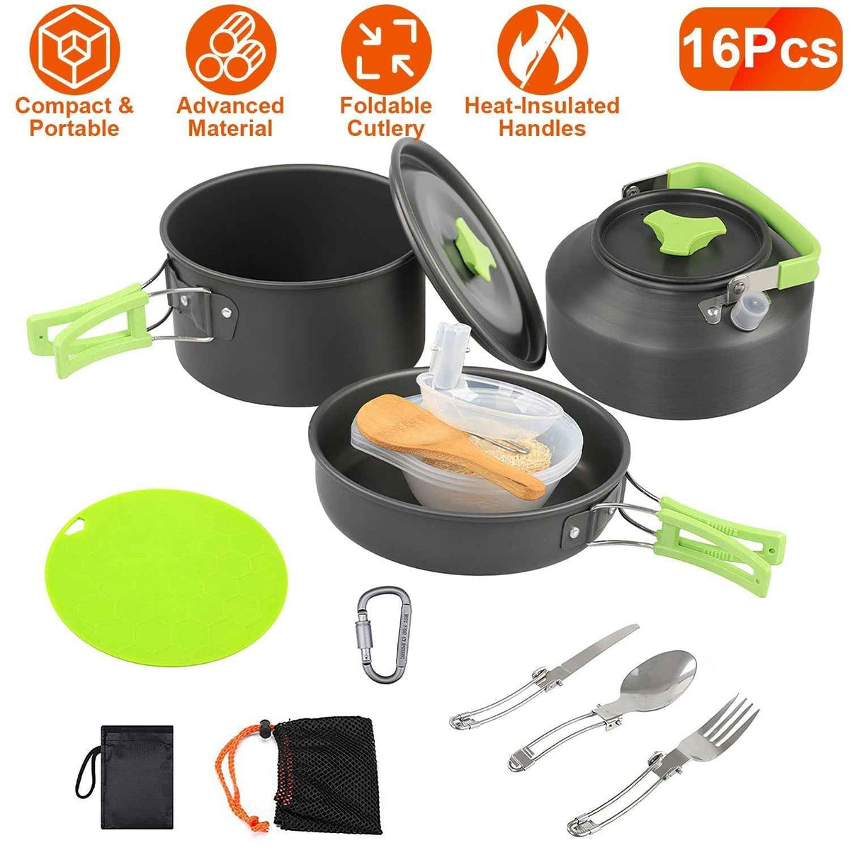 16-Piece Camping Cookware Set – Anodized Aluminum Pot, Pan, Kettle, Utensils, Bowls & Cutting Board | 2 Storage Bags