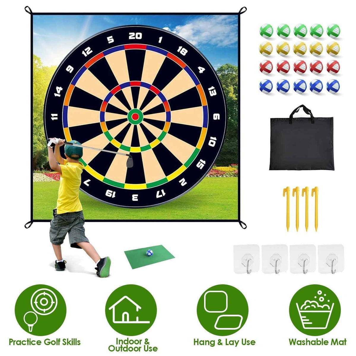 Golf Chipping Dart Game Mat Set with Sticky Balls and Carry Bag