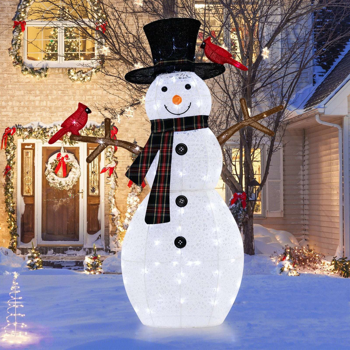 4.2 ft lighted snowman decoration with black top hat, plaid scarf, branch arms and two redbirds
