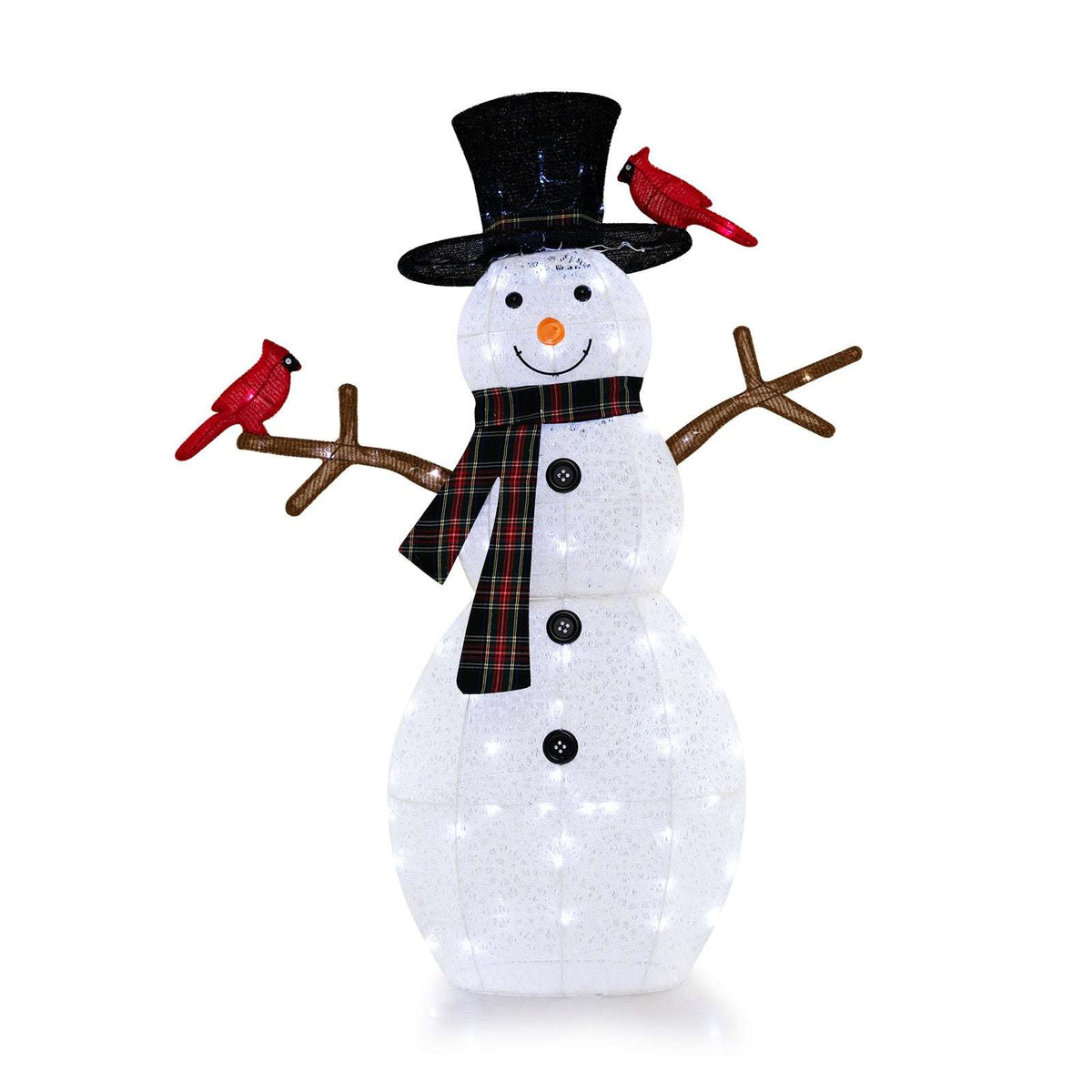 Lighted white snowman with three buttons, black hat, plaid scarf and two redbirds on its arms