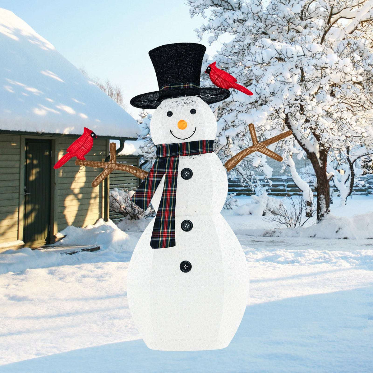 Lighted snowman with a black top hat, plaid scarf, branch arms and two redbirds