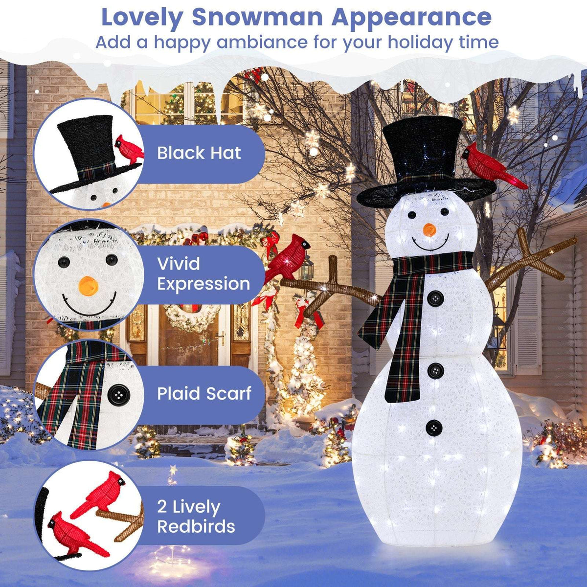 Lighted snowman with a black hat, plaid scarf, branch arms and two redbirds