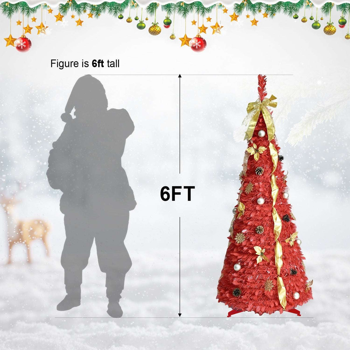 Six-foot red Christmas tree with gold trim and decorative ornaments