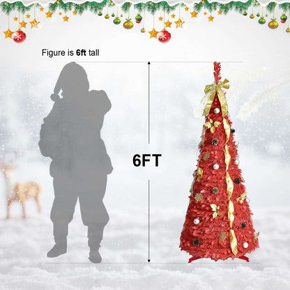 Six-foot red Christmas tree with gold trim and decorative ornaments