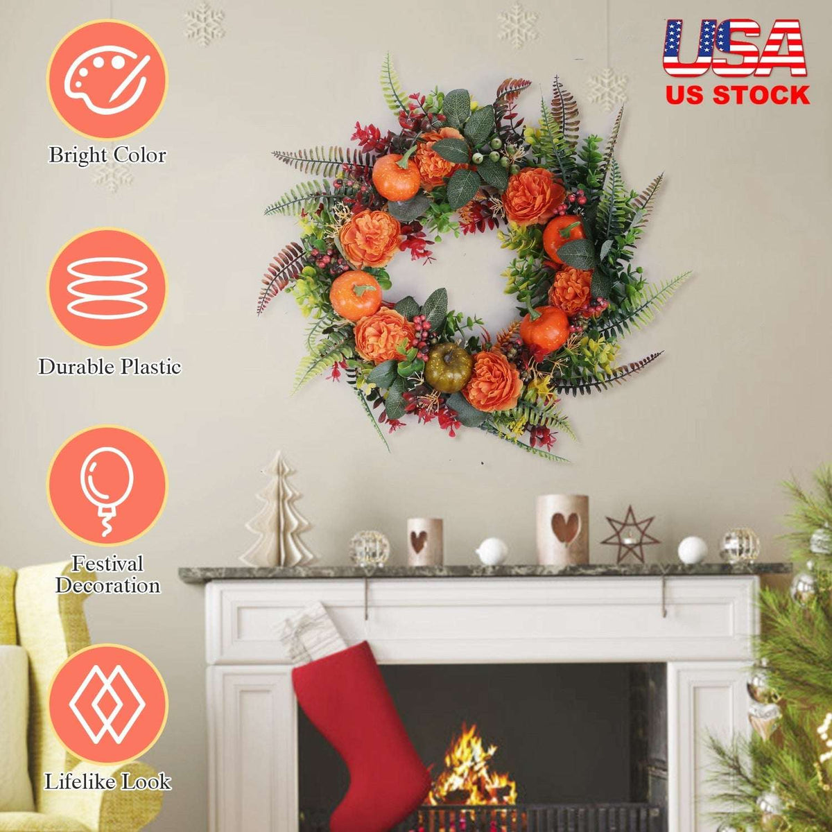 Decorative autumn wreath with orange faux pumpkins, orange roses, and mixed green foliage
