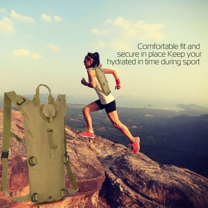 Tan 3L hydration bladder vest backpack worn during outdoor running on a rocky trail