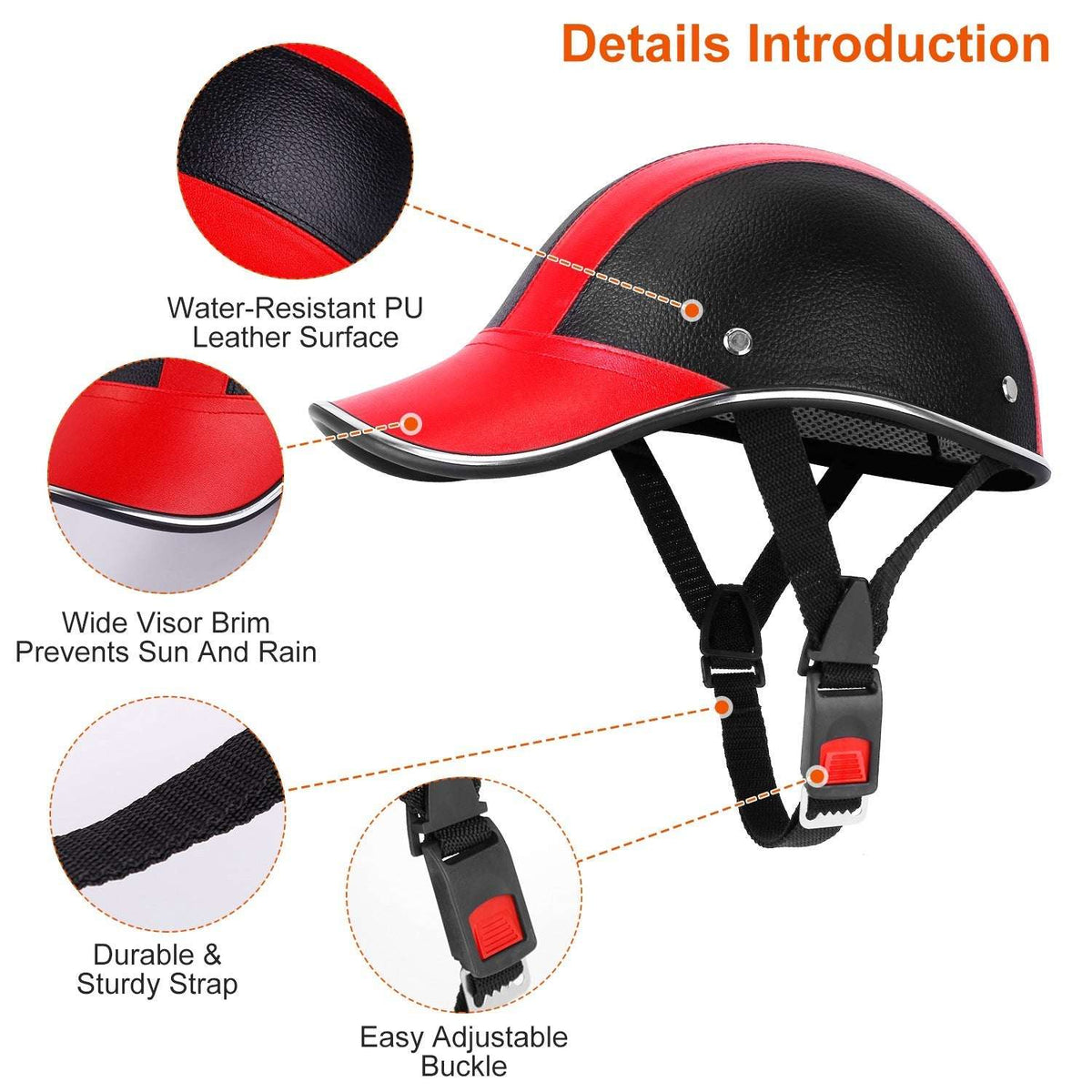 Two-tone bike helmet with wide brim, adjustable chin straps and buckle