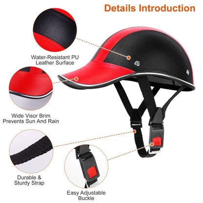 Two-tone bike helmet with wide brim, adjustable chin straps and buckle