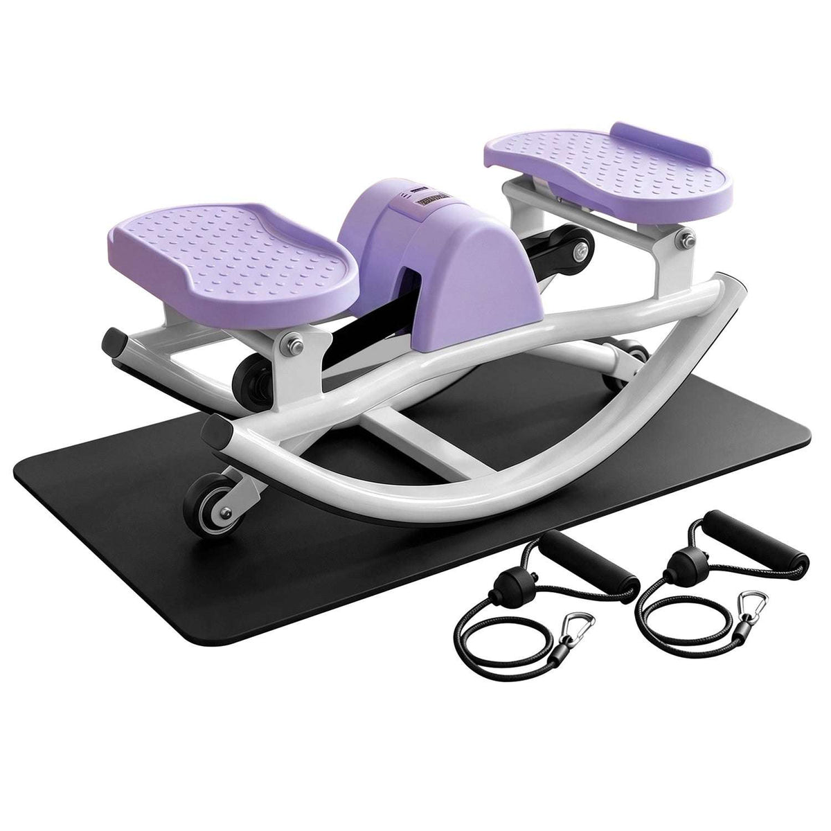 Compact swing stepper with lavender pedals, LCD monitor, resistance bands, and floor mat