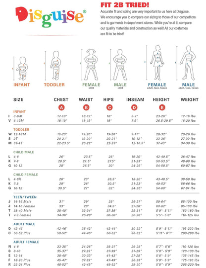 Disguise size chart poster with height and weight ranges for costume fits