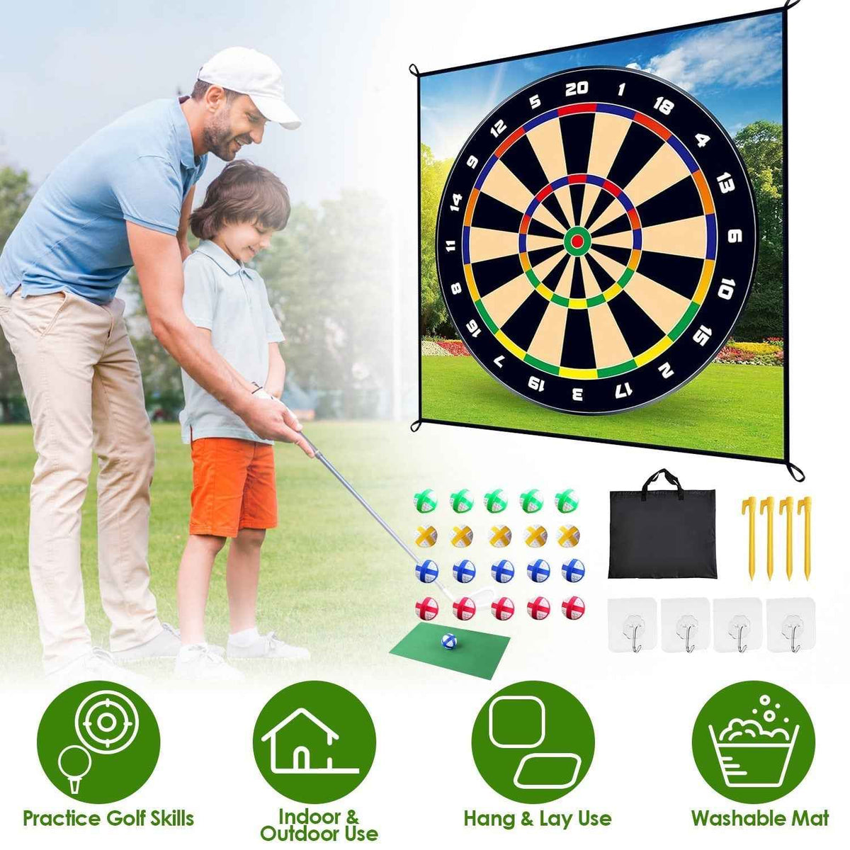 Golf Chipping Dart Game Mat Set with Sticky Balls and Carry Bag