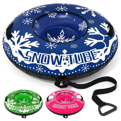 Blue inflatable snow tube with snowflake pattern, black tow strap attached