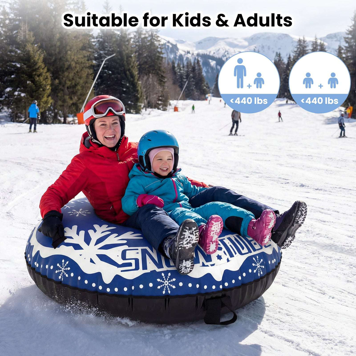 Blue snow tube with white snowflake print, black grab handles