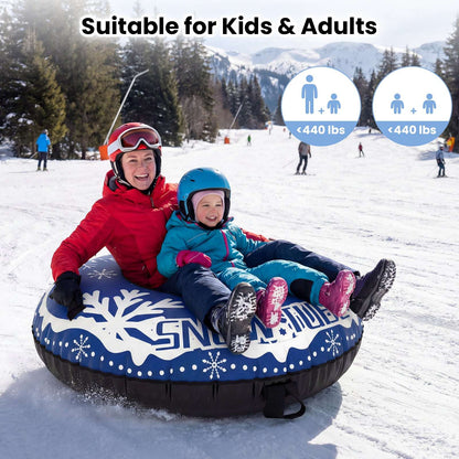 Blue snow tube with white snowflake print, black grab handles