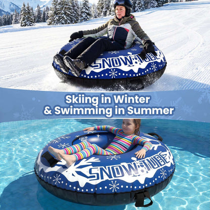 Blue snow tube with white snowflake print, tow strap attached