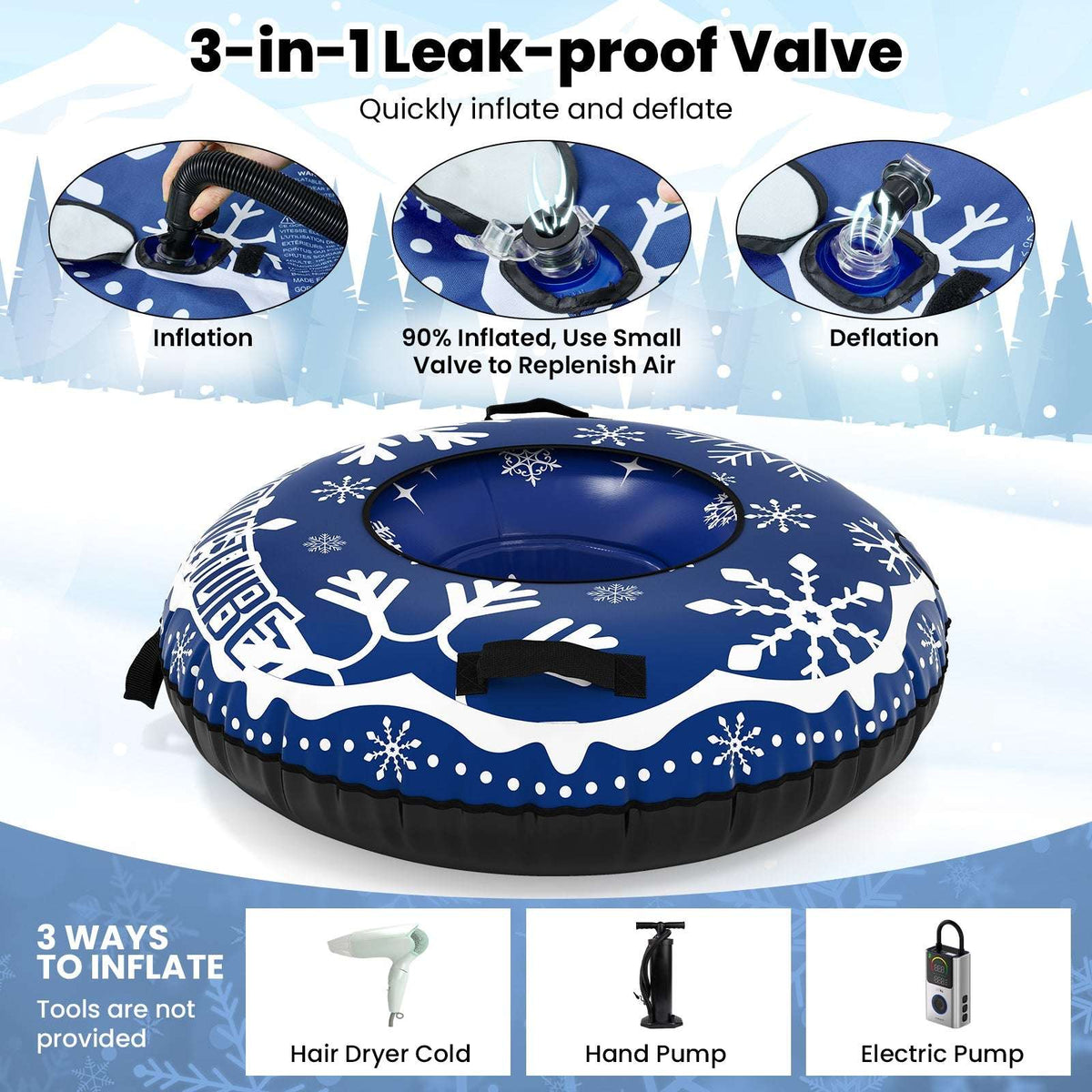 42-inch heavy-duty inflatable snow tube with blue snowflake design and valve