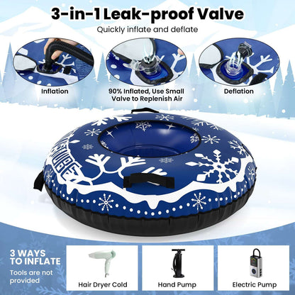 42-inch heavy-duty inflatable snow tube with blue snowflake design and valve