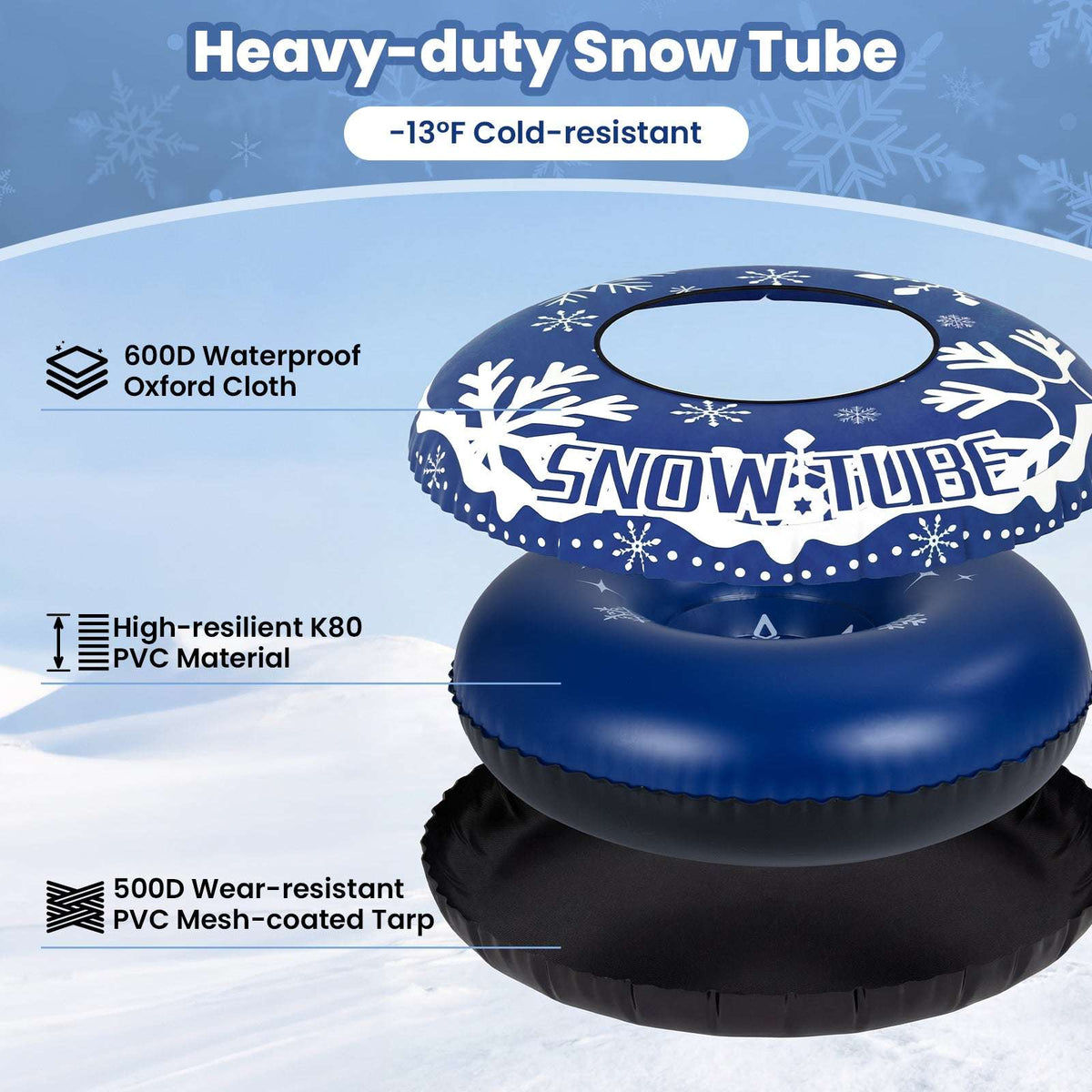 Heavy-duty inflatable snow tube with blue snowflake graphics and mesh-coated strap