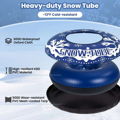 Heavy-duty inflatable snow tube with blue snowflake graphics and mesh-coated strap