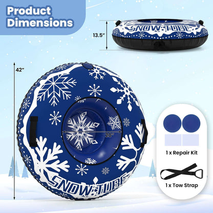 Blue snow tube with white snowflake print and black interior