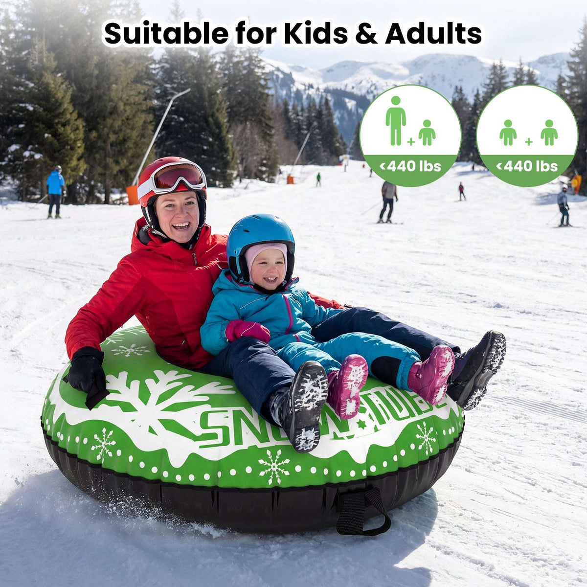 Green snow tube with white snowflake print, black grab handles