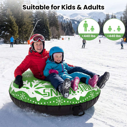 Green snow tube with white snowflake print, black grab handles