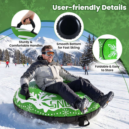 Green snow tube with white snowflake print, black grab handles