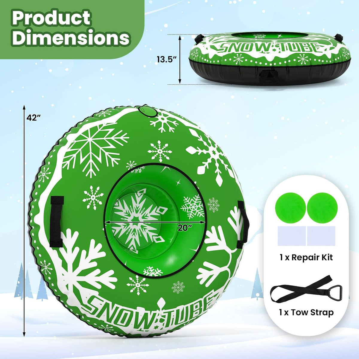 Green inflatable snow tube size diagram (42 in), includes repair kit and tow strap