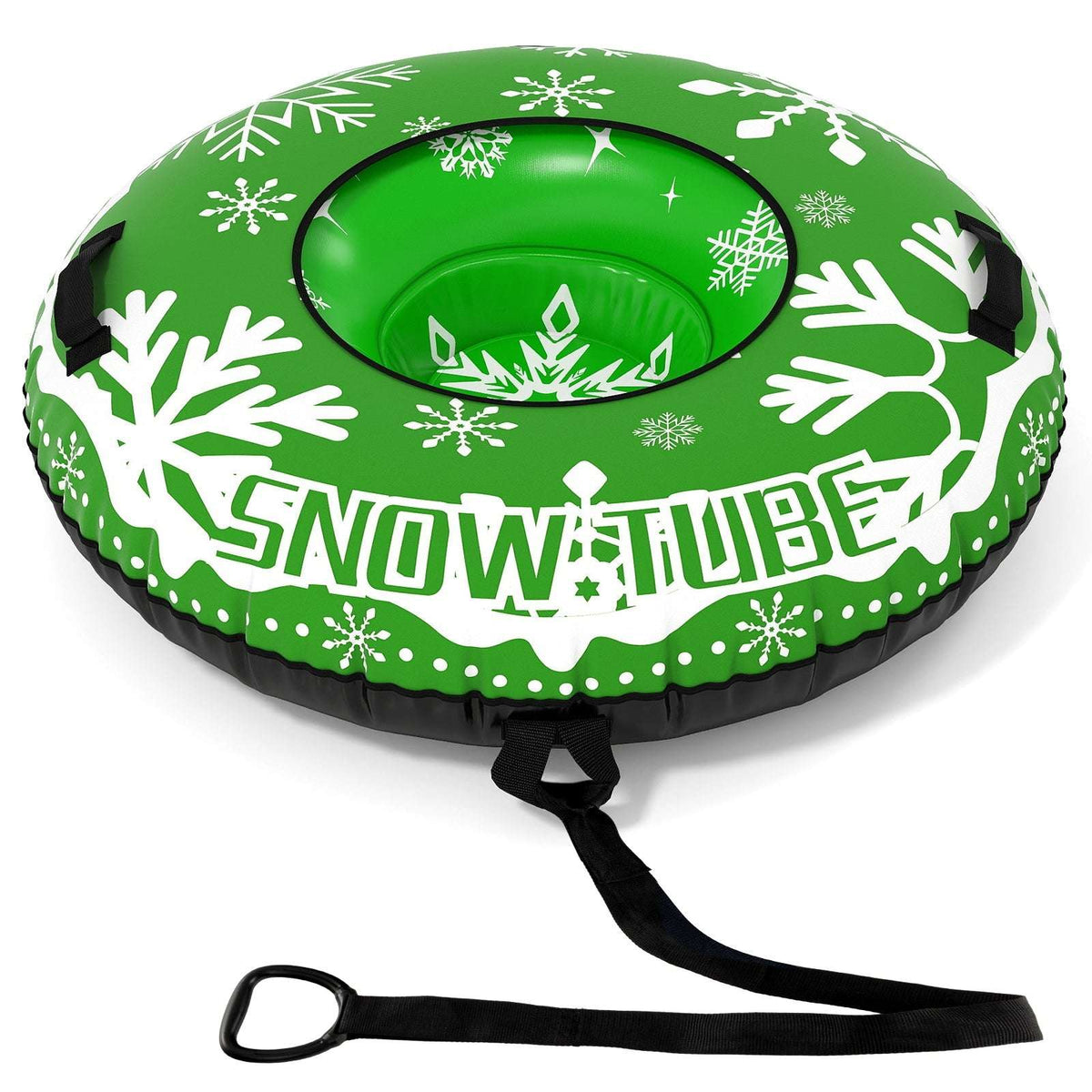 Green inflatable snow tube with snowflake pattern, black tow strap attached