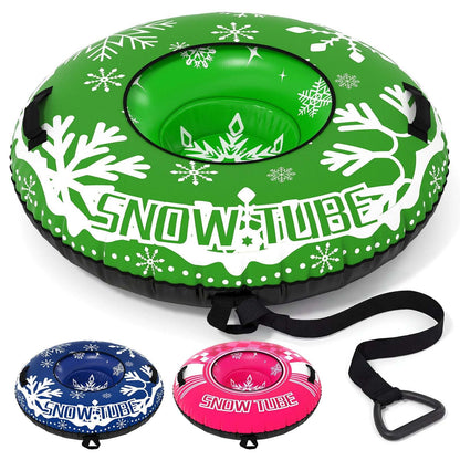 Green inflatable snow tube set with tow strap and two smaller tubes