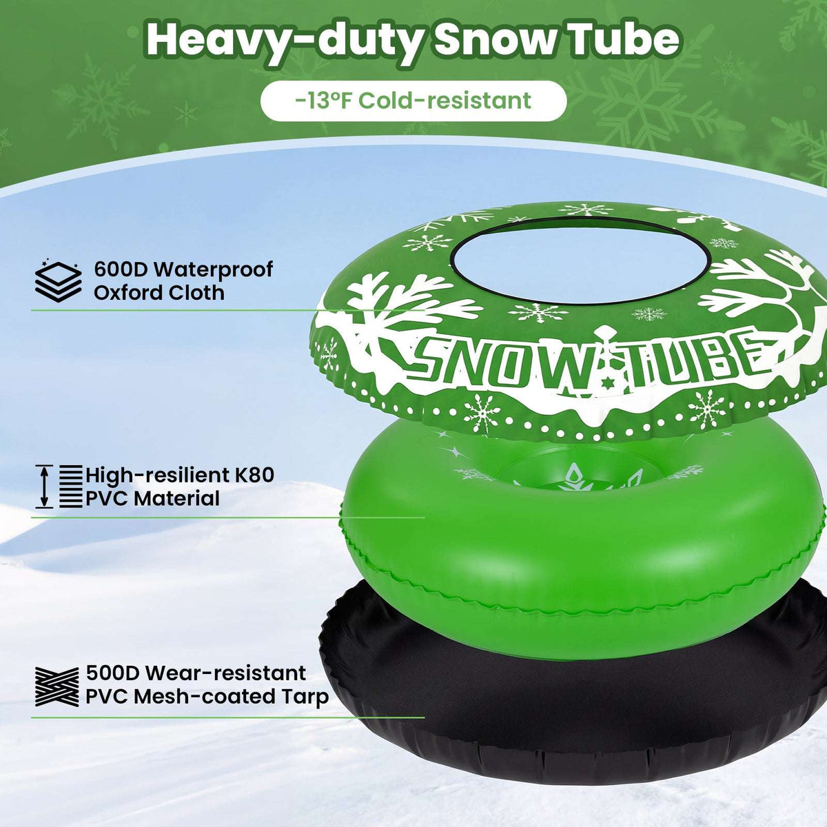 Green snow tube with white snowflake print and black base