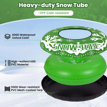 Green snow tube with white snowflake print and black base