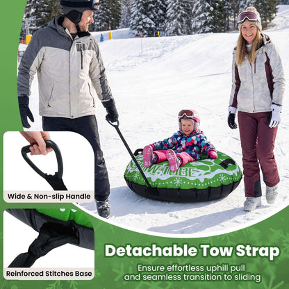 42-inch heavy-duty inflatable snow tube in green with detachable tow strap