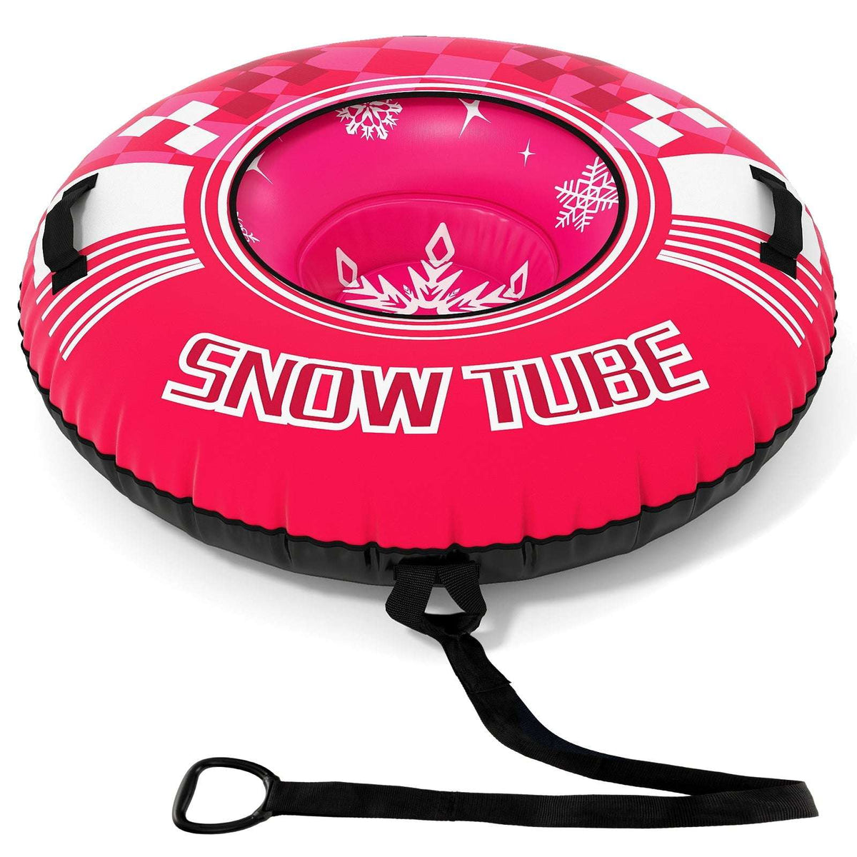 Red inflatable snow tube with snowflake pattern, black tow strap attached