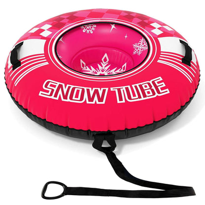 Red inflatable snow tube with snowflake pattern, black tow strap attached